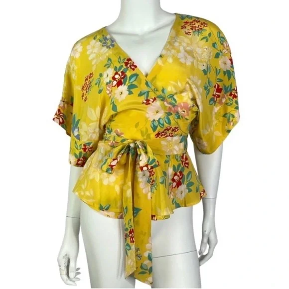 NWT Anthropologie Yumi Kim 100% Silk Floral Yellow Wrap Blouse Small​​​ - Picture 2 of 11